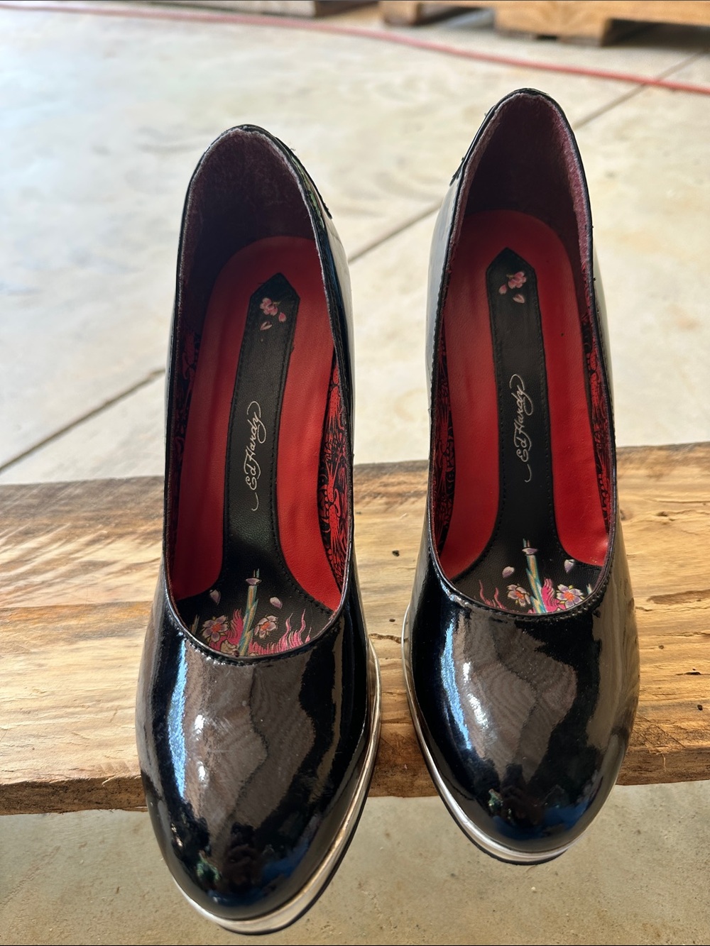 Ed Hardy Black Patent Platform Pumps with Red Insole